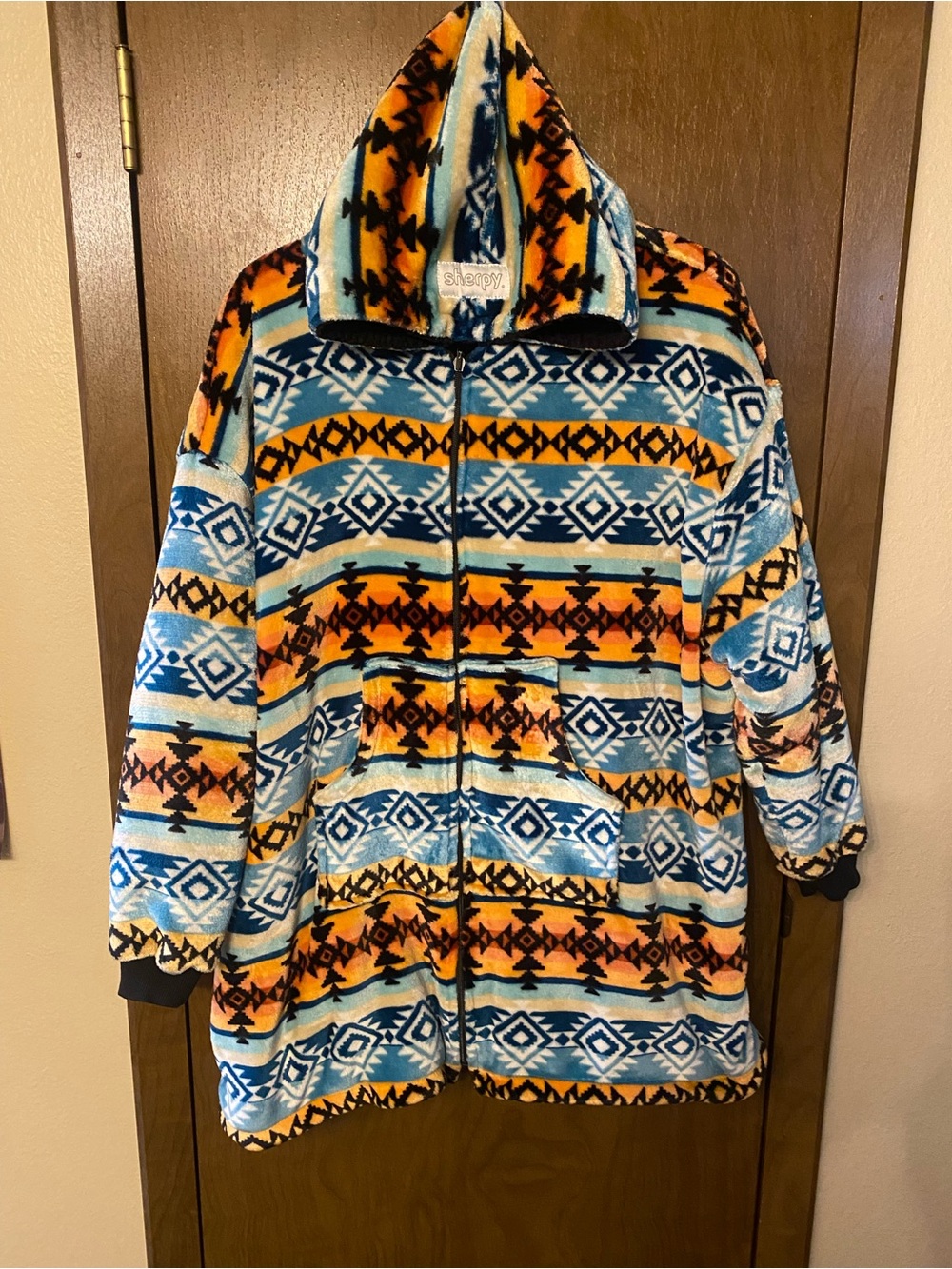 Cozy Patterned Fleece Zip Hoodie - Blue & Orange